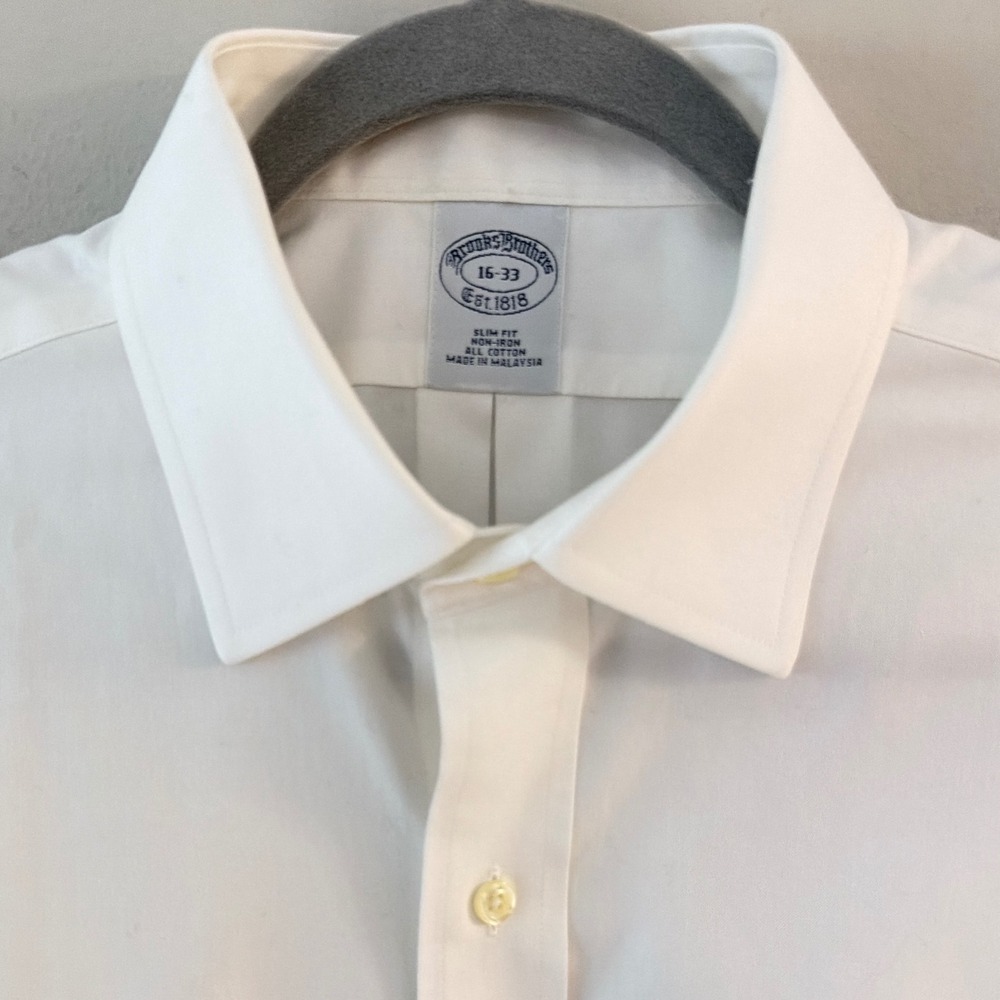 Brooks Brothers Men 16-33 Slim Fit Non-Iron White Cotton Dress Shirt Long Sleeve